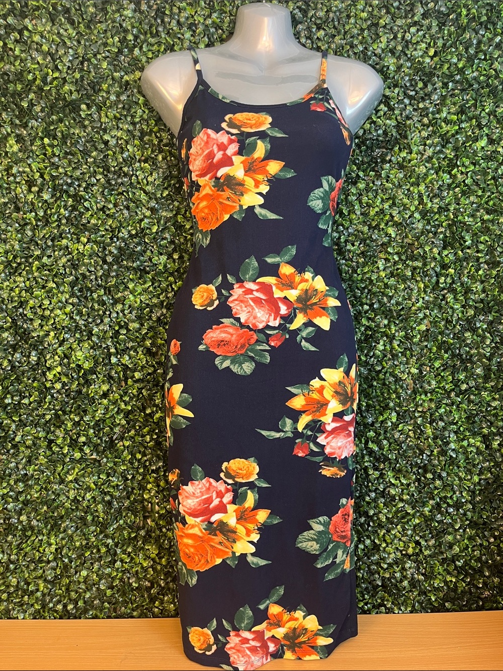 Navy Floral Slip Midi Dress with Orange & Pink Blooms